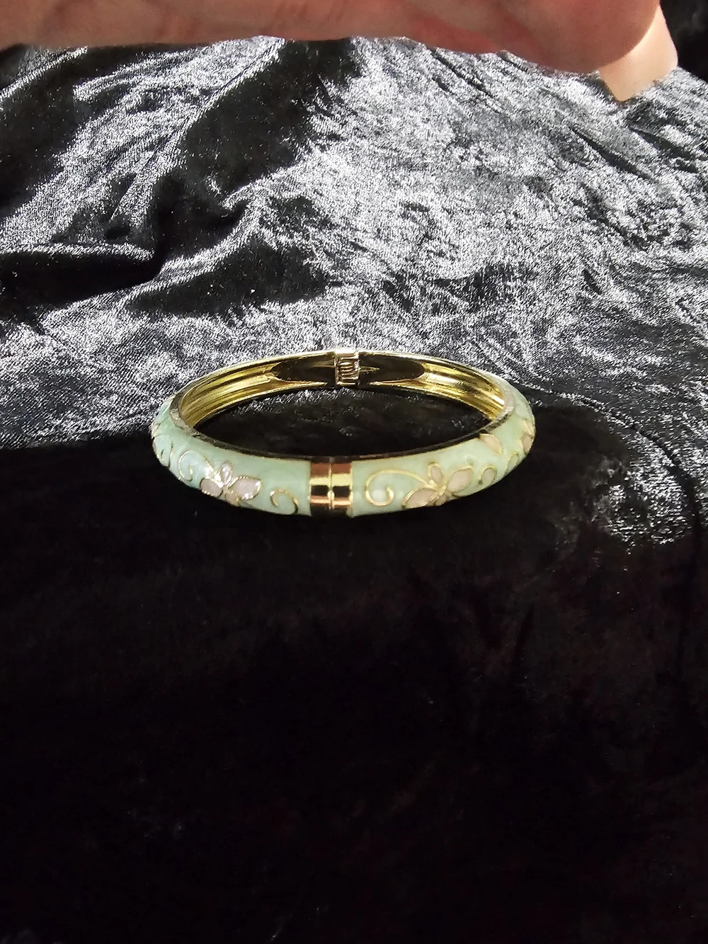 Gold-Plated Mint Green Floral Enamel Hinged Bangle Bracelet